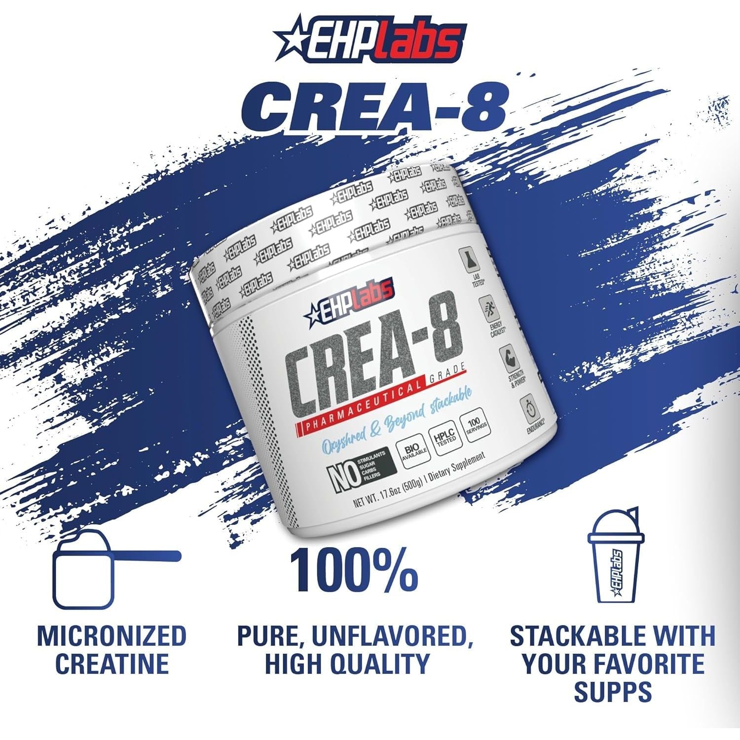 Ehplabs CREA-8 Creatine Monohydrate Powder - Creatine Powder for Building Lean Muscle Mass, Improves Strength & Power, Supports Brain Health - 100 Servings (500G)