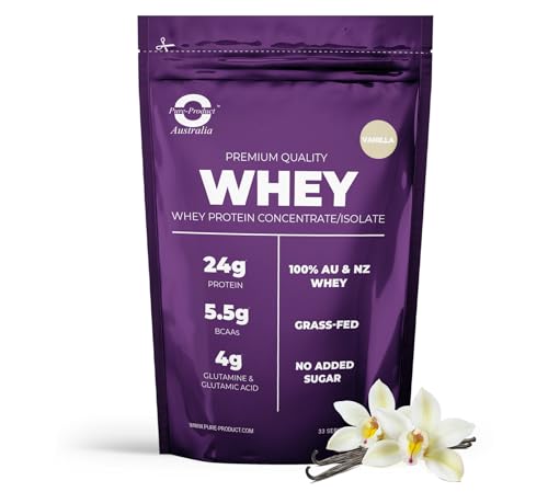 Pure Product Australia - Whey Protein Concentrate & Isolate - 100% Premium Grass Fed AU & NZ Whey - 24g Protein per Serve - Non GMO - 1kg (33 Servings) - Vanilla