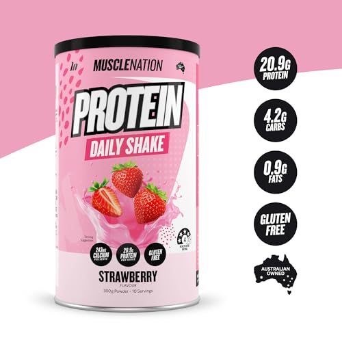 Muscle Nation Strawberry Daily Shake - Protein Powder for Daily Intake, Smooth Milkshake Texture, Vegetarian Friendly Supplement – 300g (10 Serves)