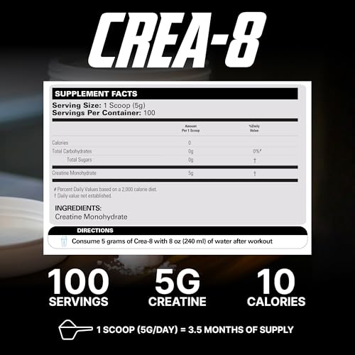 EHP Labs CREA-8 Micronized Creatine Monohydrate Powder - Unflavored Creatine Powder for Muscle Growth, Increased Strength, Enhanced Energy Output and Improved Performance - 166 Servings (500g)