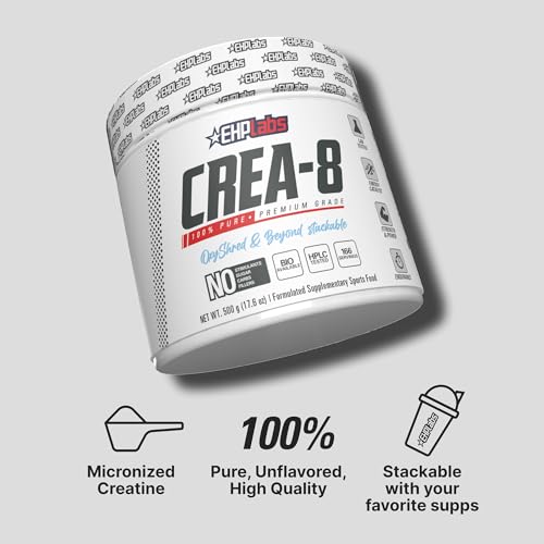EHP Labs CREA-8 Micronized Creatine Monohydrate Powder - Unflavored Creatine Powder for Muscle Growth, Increased Strength, Enhanced Energy Output and Improved Performance - 166 Servings (500g)