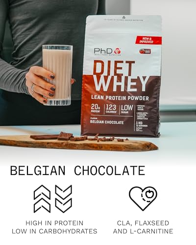 PhD Diet Whey Belgian Chocolate Lean Protein Powder - Low Calorie Protein Shake Powder with CLA & L-Carnitine - Post Workout Supplement - 1kg (31 Servings)