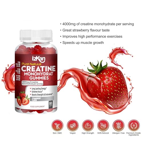 Pro Creatine Monohydrate Gummies 4000mg for Men & Women - 60 Chewable Creatine Gummies Strawberry Flavoured Creatine | Pre Workout Gym Supplement| Keto | Vegan | (1)