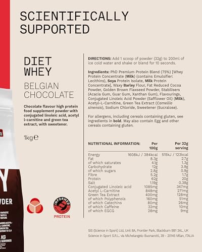 PhD Diet Whey Belgian Chocolate Lean Protein Powder - Low Calorie Protein Shake Powder with CLA & L-Carnitine - Post Workout Supplement - 1kg (31 Servings)