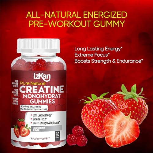 Pro Creatine Monohydrate Gummies 4000mg for Men & Women - 60 Chewable Creatine Gummies Strawberry Flavoured Creatine | Pre Workout Gym Supplement| Keto | Vegan | (1)