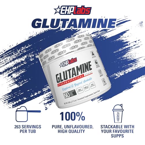 EHPlabs L Glutamine Powder Amino Acids - L-Glutamine Supplement for Gut Health (500g) Improves Muscle Recovery, Focus & Concentration - 100 Servings