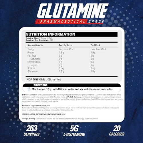 EHPlabs L Glutamine Powder Amino Acids - L-Glutamine Supplement for Gut Health (500g) Improves Muscle Recovery, Focus & Concentration - 100 Servings