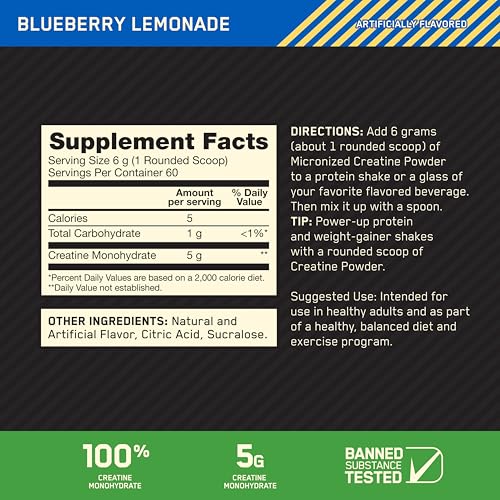 OPTIMUM NUTRITION Flavoured Micronised Creatine Powder, Blueberry Lemonade, 360g, 100% Pure Creatine Monohydrate