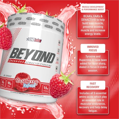 EHP Labs Beyond BCAA + EAA - 10g of Essential Amino Acids, Assists with Muscle Endurance, Recovery & Fatigue - 30 Serves (Raspberry Refresh)