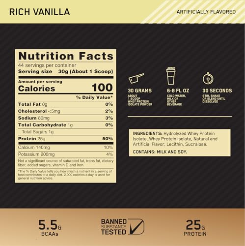 OPTIMUM NUTRITION Gold Standard 100% Isolate Protein Powder, Vanilla Flavour, 1.32kg - [packaging may vary]