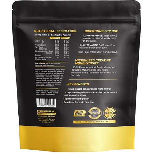 Cyborg Sport Micronised Creatine Monohydrate Powder 1kg | Lab Tested | Pharmaceutical Grade | Easy Mixing | Gym | Strength | Muscle | Brain