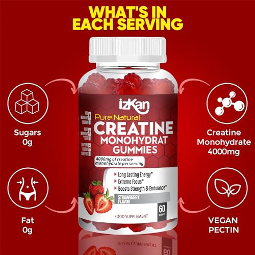 Pro Creatine Monohydrate Gummies 4000mg for Men & Women - 60 Chewable Creatine Gummies Strawberry Flavoured Creatine | Pre Workout Gym Supplement| Keto | Vegan | (1)
