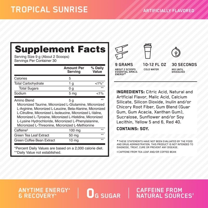 OPTIMUM NUTRITION Amino Energy Powder 270 g, 30 Servings, Tropical Sunrise