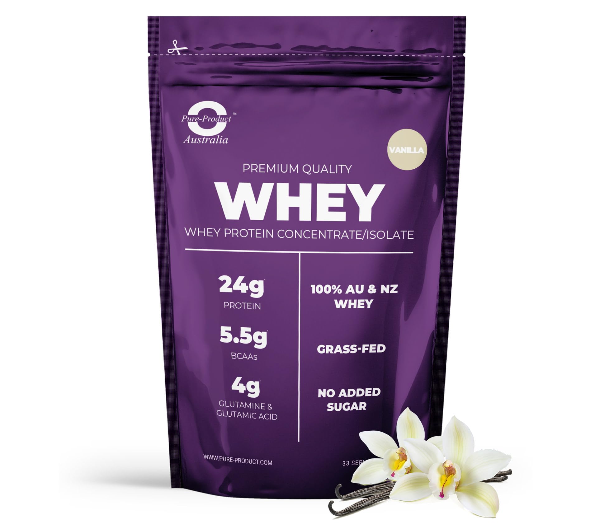 Pure Product Australia - Whey Protein Concentrate & Isolate - 100% Premium Grass Fed AU & NZ Whey - 24g Protein per Serve - Non GMO - 1kg (33 Servings) - Vanilla