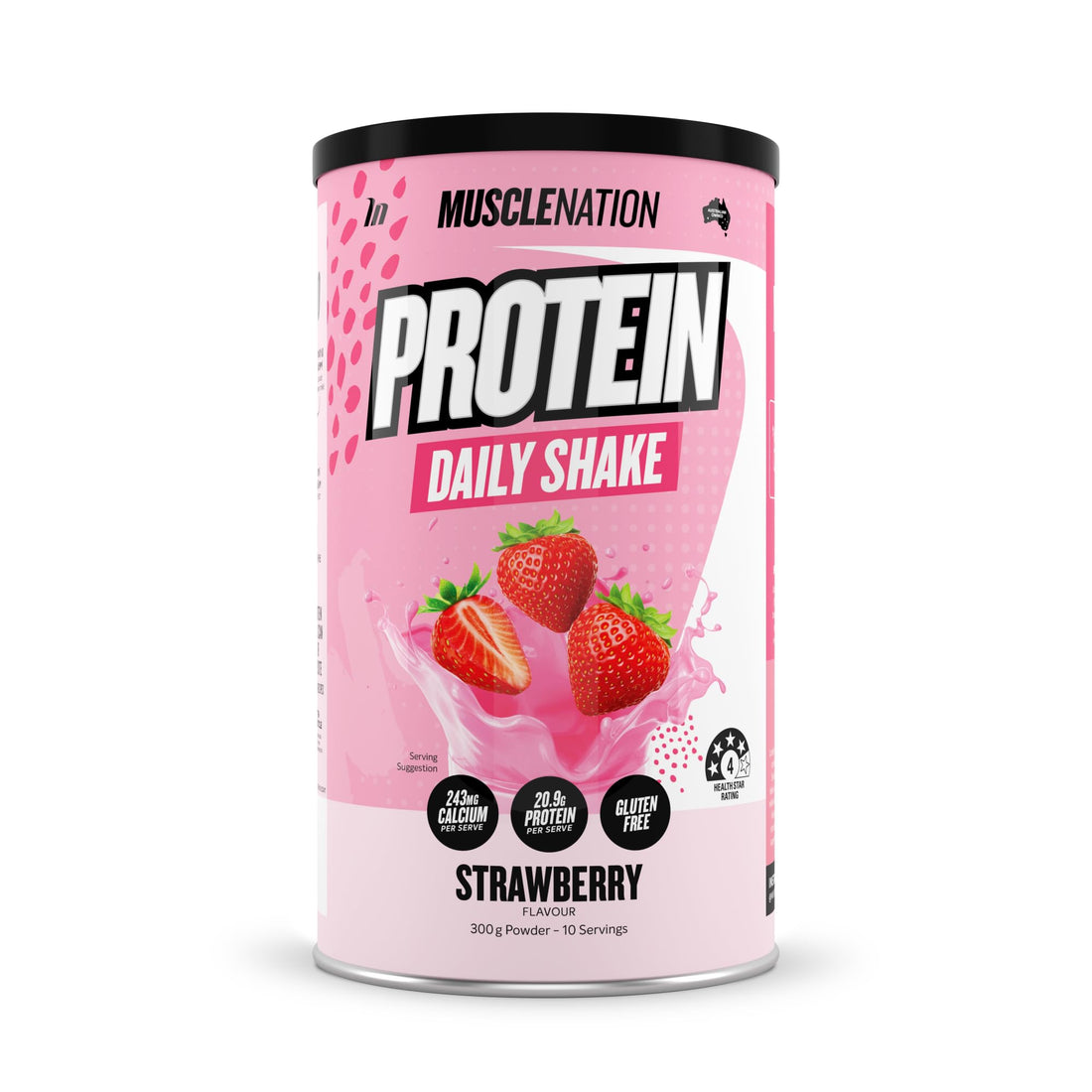 Muscle Nation Strawberry Daily Shake - Protein Powder for Daily Intake, Smooth Milkshake Texture, Vegetarian Friendly Supplement – 300g (10 Serves)
