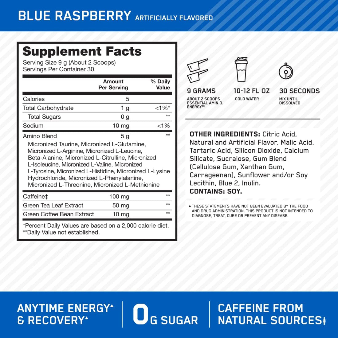 Amino Energy Powder, Blue Raspberry, 270G, 30 Servings