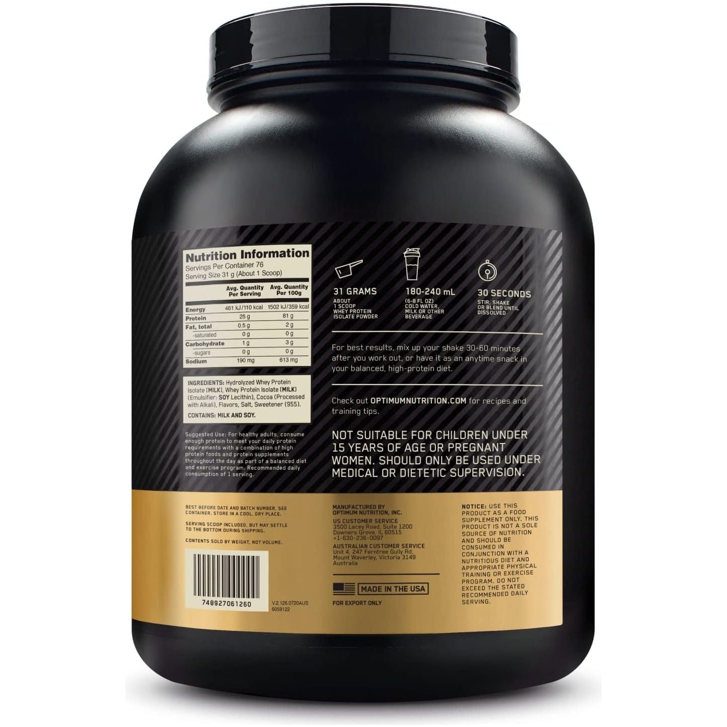 Gold Standard 100% Isolate Protein Powder, Chocolate Flavour, 2.36Kg