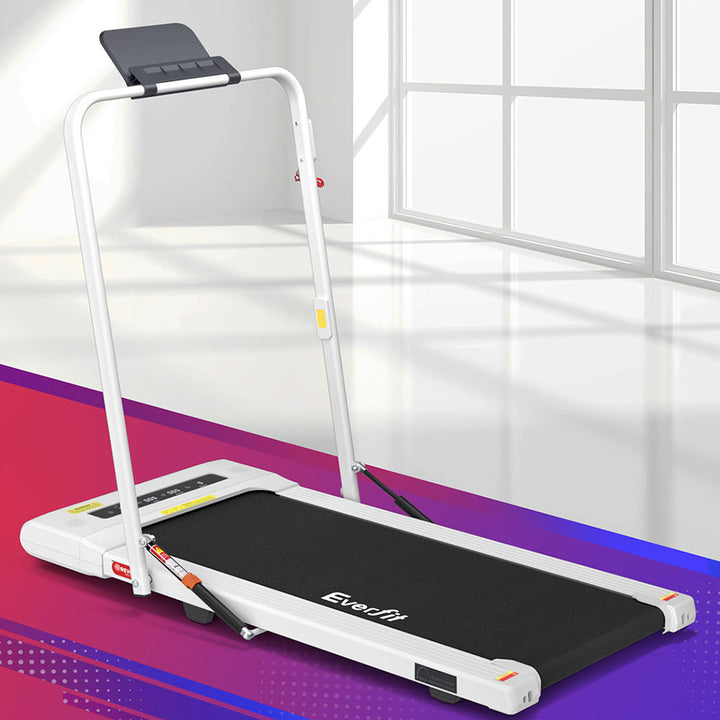 White treadmill with Everfit branding on a colorful background