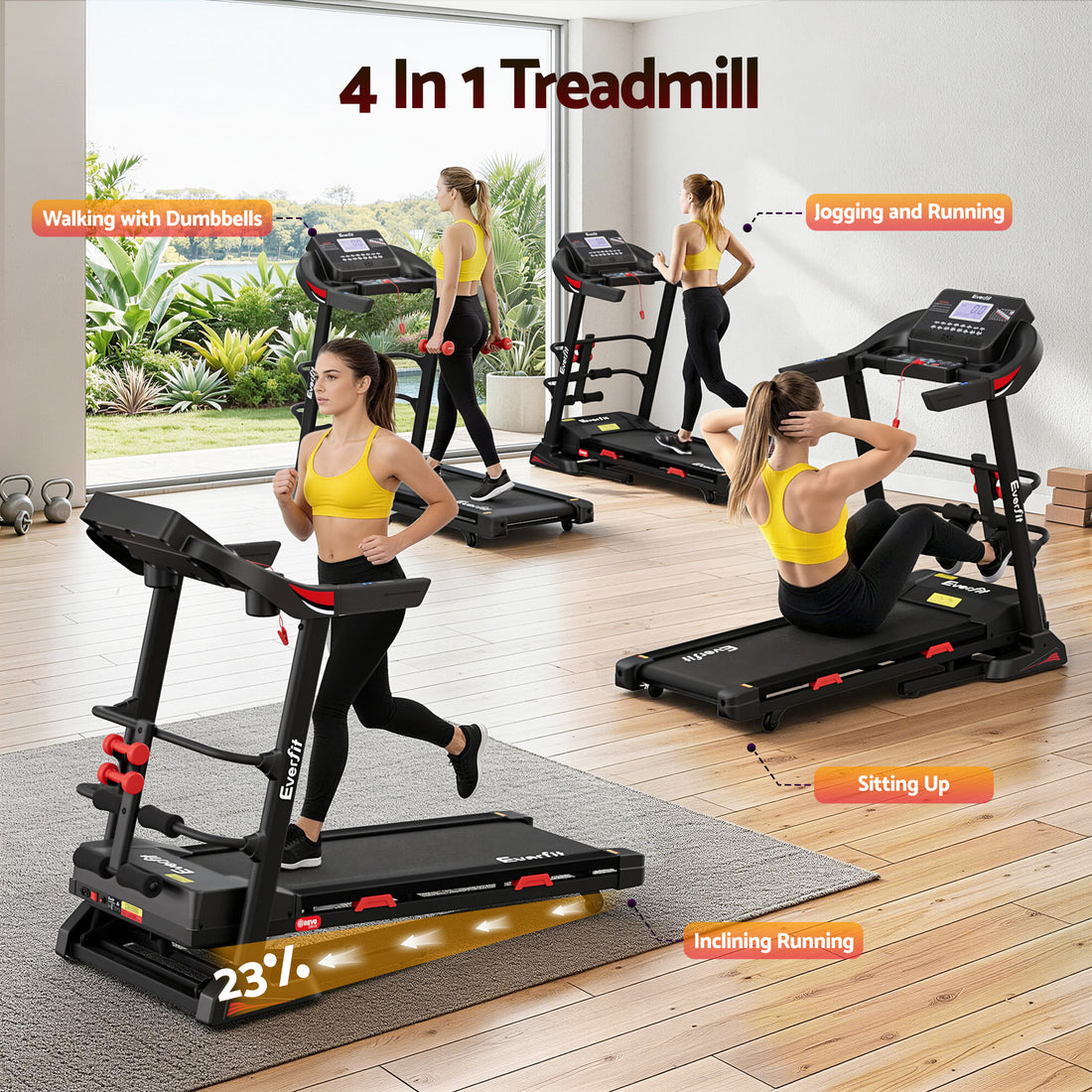 Treadmill Electric Home Gym Fitness Exercise Machine with Sit Up Bar 450mm - Black