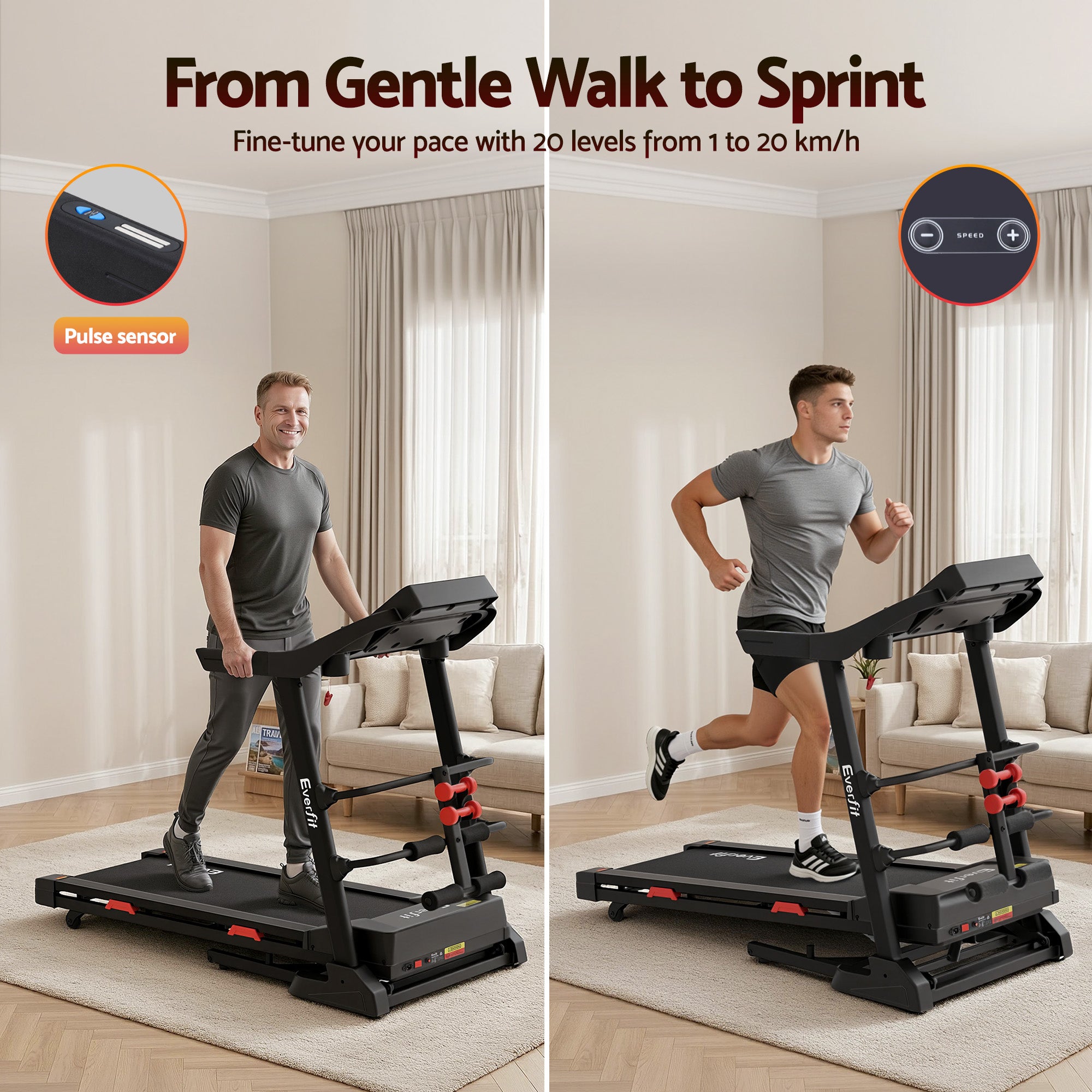 Treadmill Electric Home Gym Fitness Exercise Machine with Sit Up Bar 450mm - Black