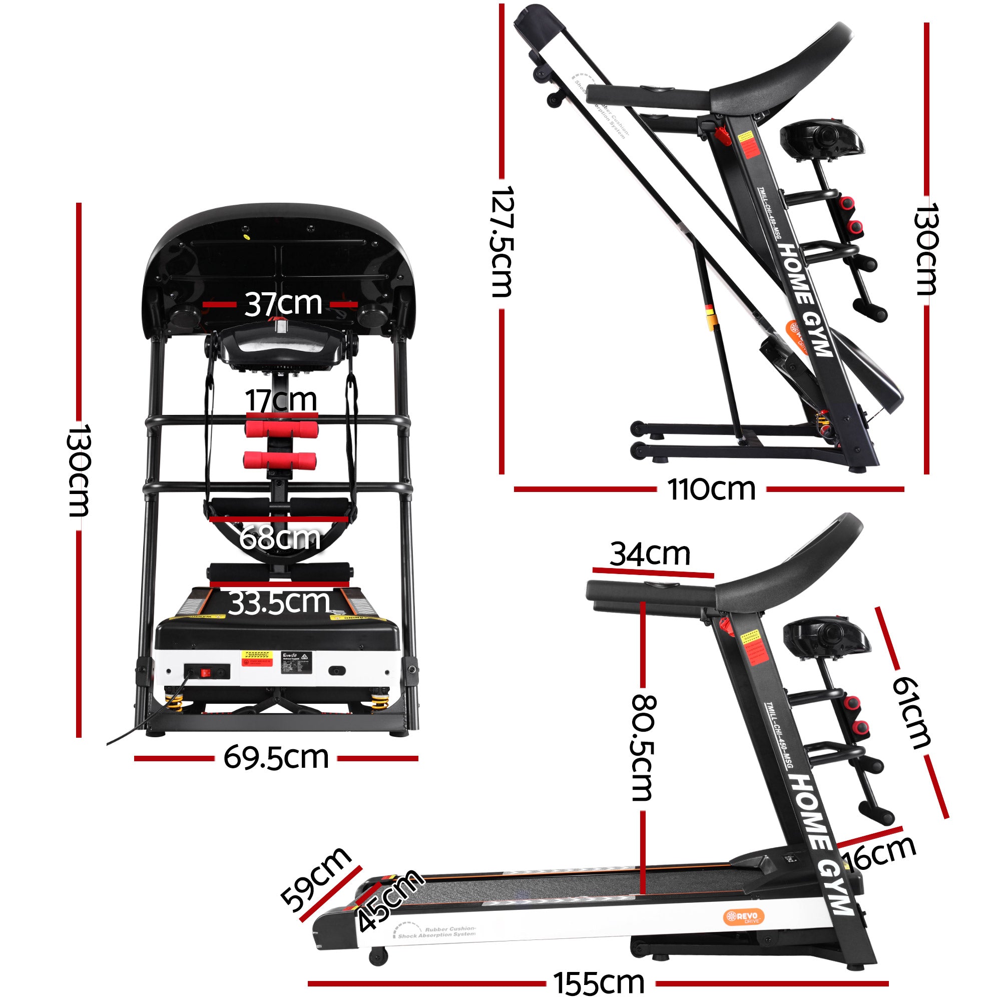 Treadmill Electric Home Gym Fitness Exercise Machine with Massager 450mm - Black