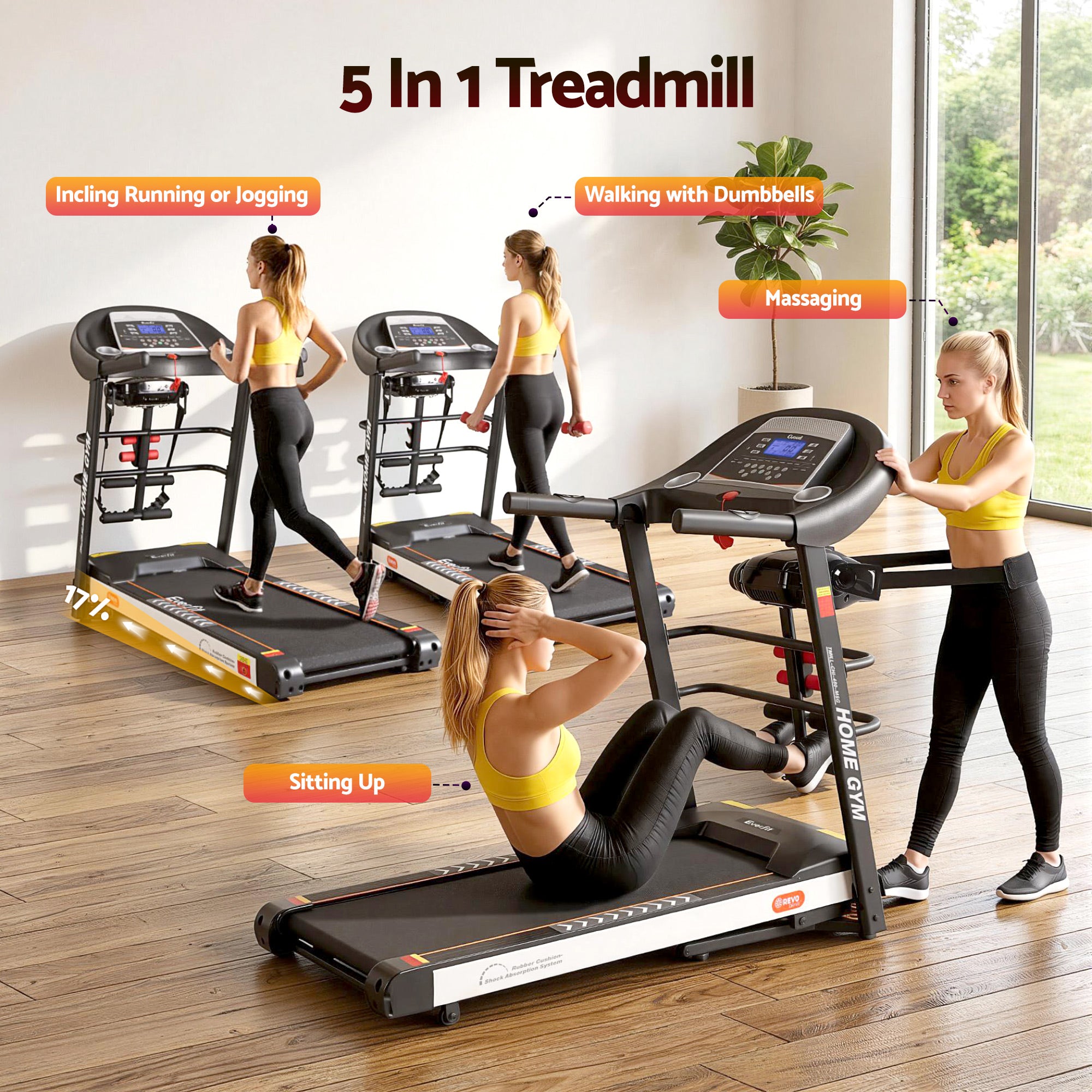Treadmill Electric Home Gym Fitness Exercise Machine with Massager 450mm - Black