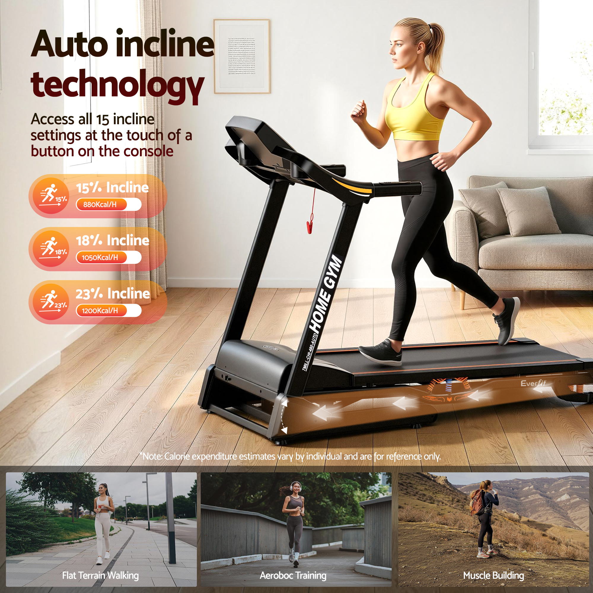 Treadmill Electric Auto Incline Home Gym Fitness Exercise Machine 480mm - Black