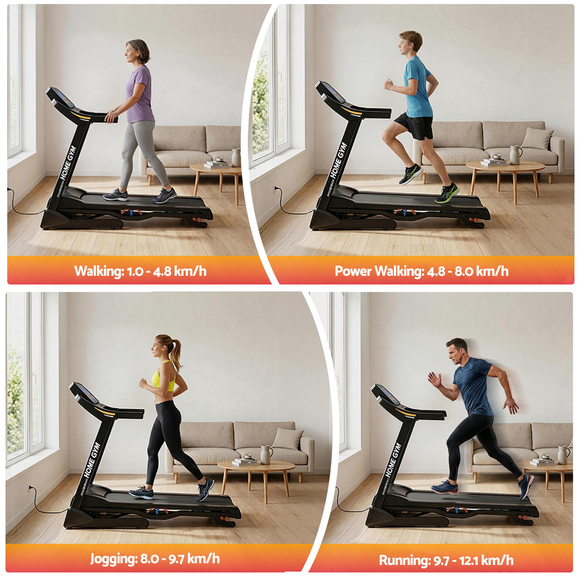Treadmill Electric Auto Incline Home Gym Fitness Exercise Machine 480mm - Black