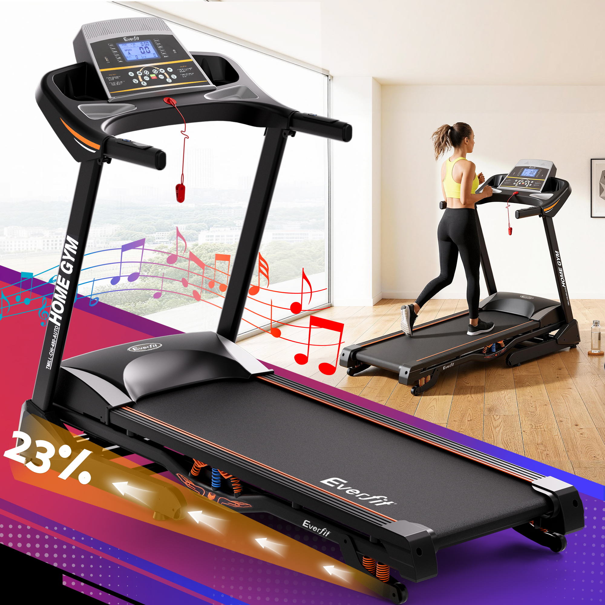 Treadmill Electric Auto Incline Home Gym Fitness Exercise Machine 480mm - Black