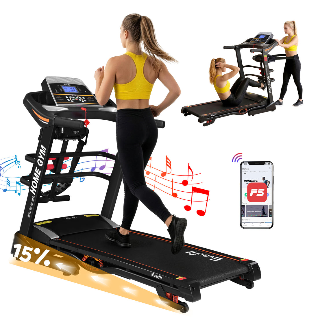 Treadmill Electric Home Gym Fitness Exercise Machine with Massager 480mm - Black