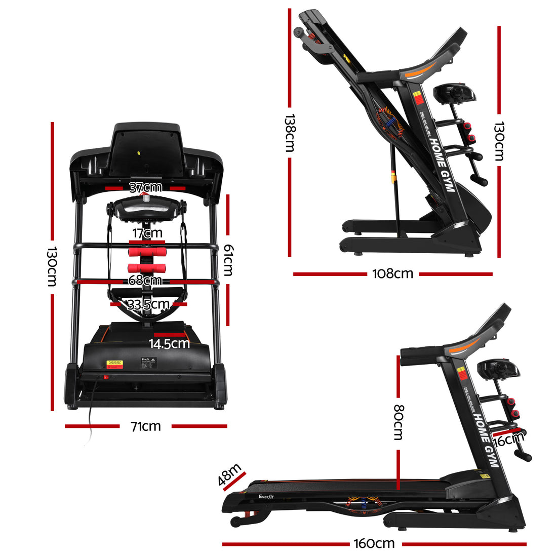 Treadmill Electric Home Gym Fitness Exercise Machine with Massager 480mm - Black