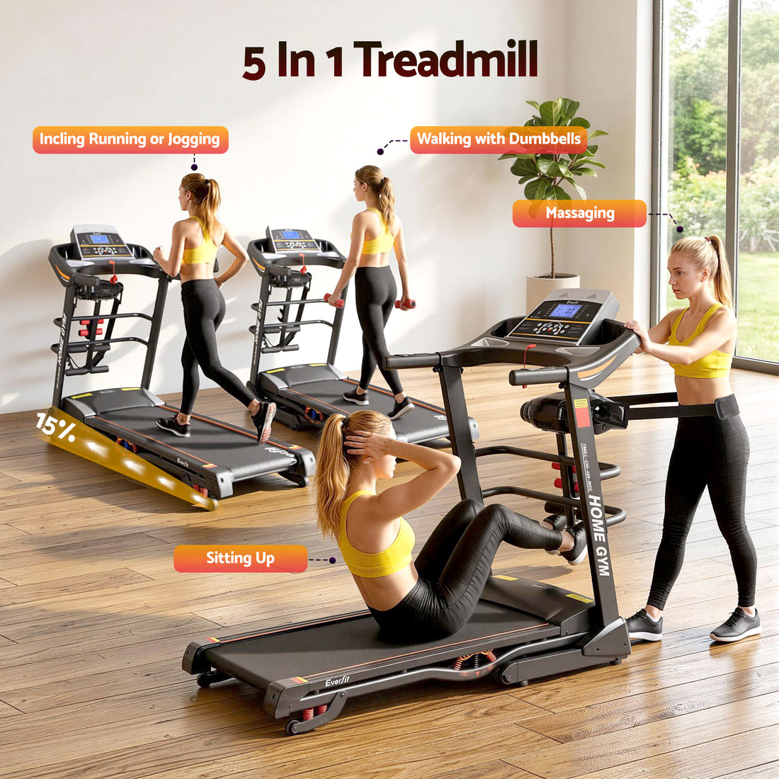 Treadmill Electric Home Gym Fitness Exercise Machine with Massager 480mm - Black