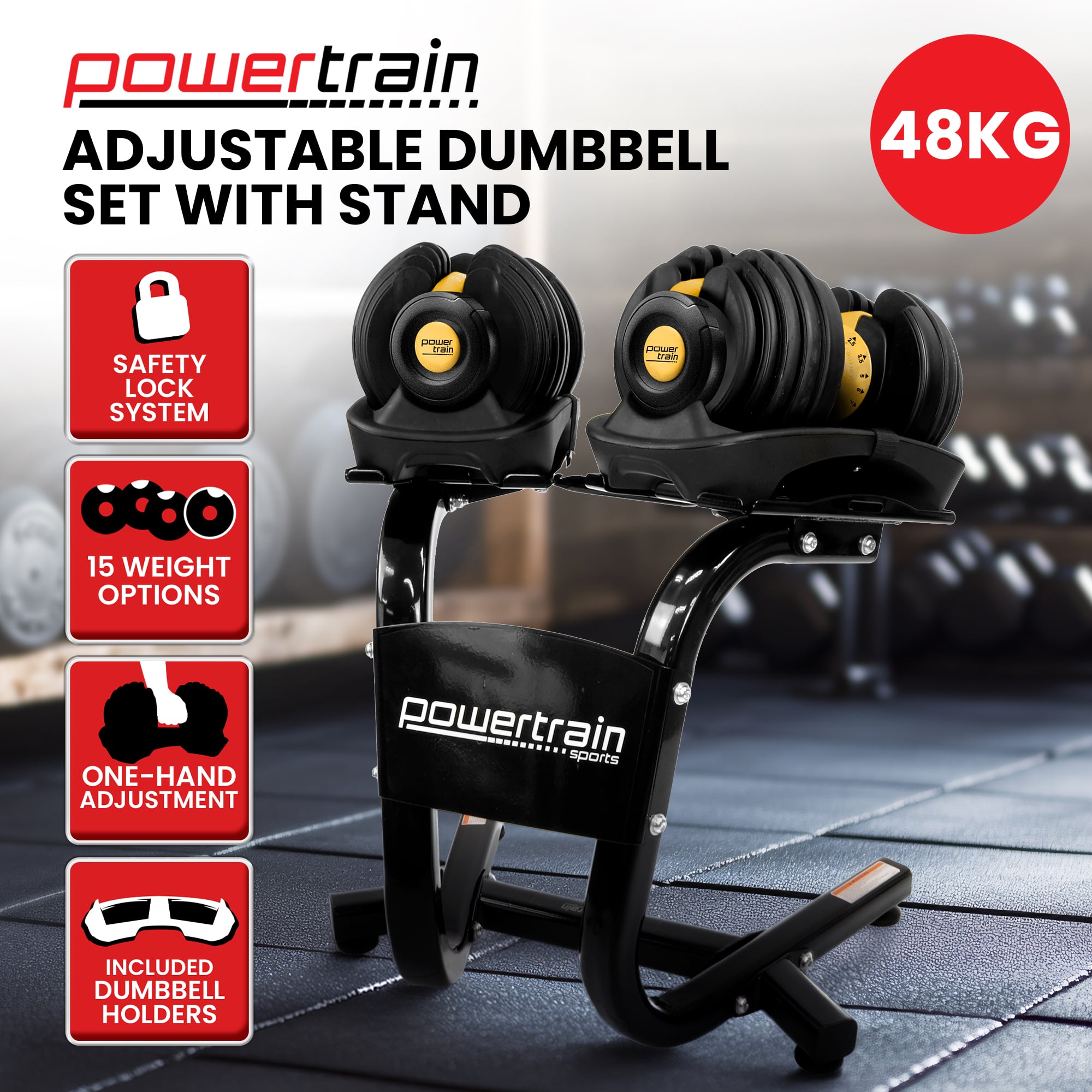Powertrain  48KG Adjustable Dumbbell Set With Stand - Gold