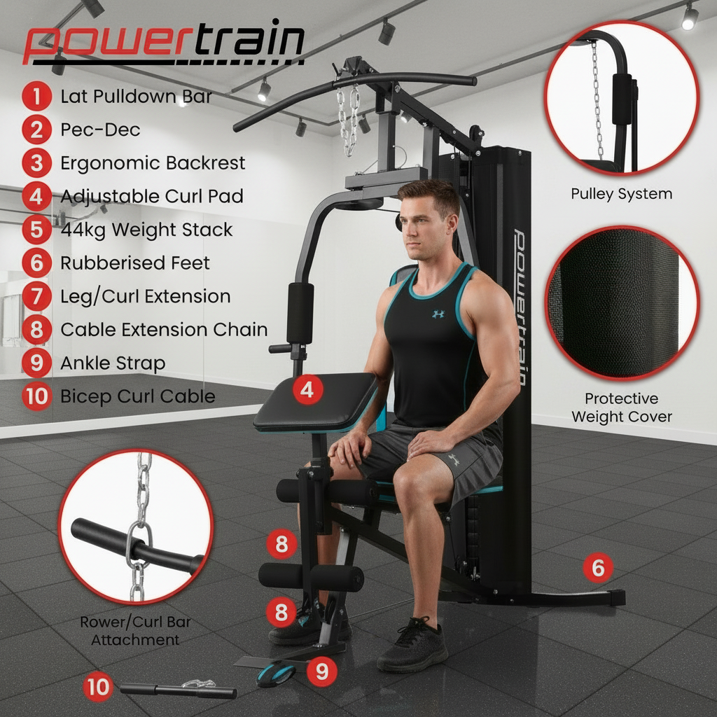 Powertrain JX-300 Multi Station Home Gym 44kg Weight Stack Cable Machine, Curl Pad Leg Extension and Pull-down Bar
