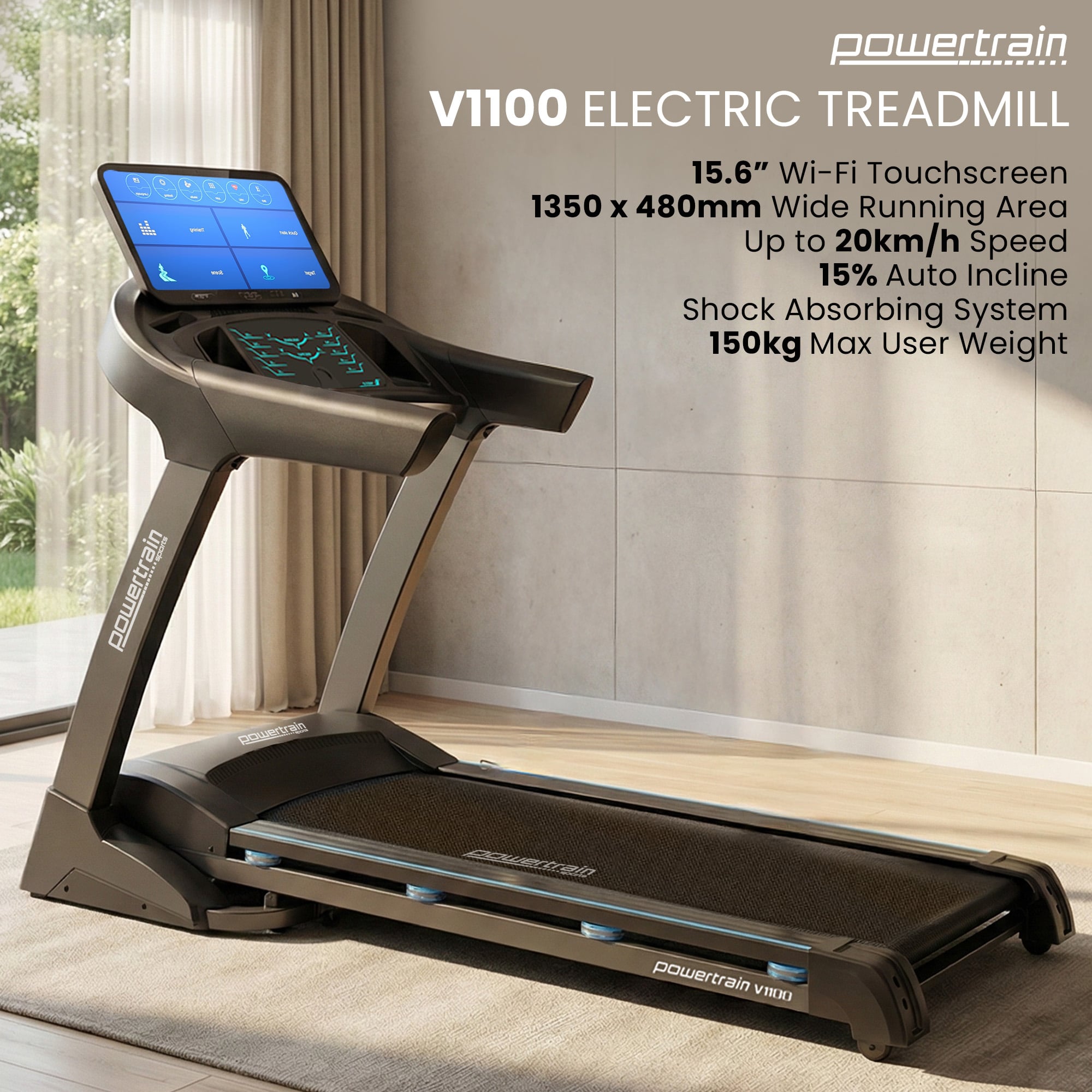 Powertrain V1100 Treadmill with Wifi Touch Screen & Incline