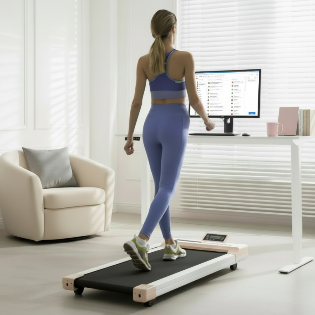Woman using a treadmill in a home office setting