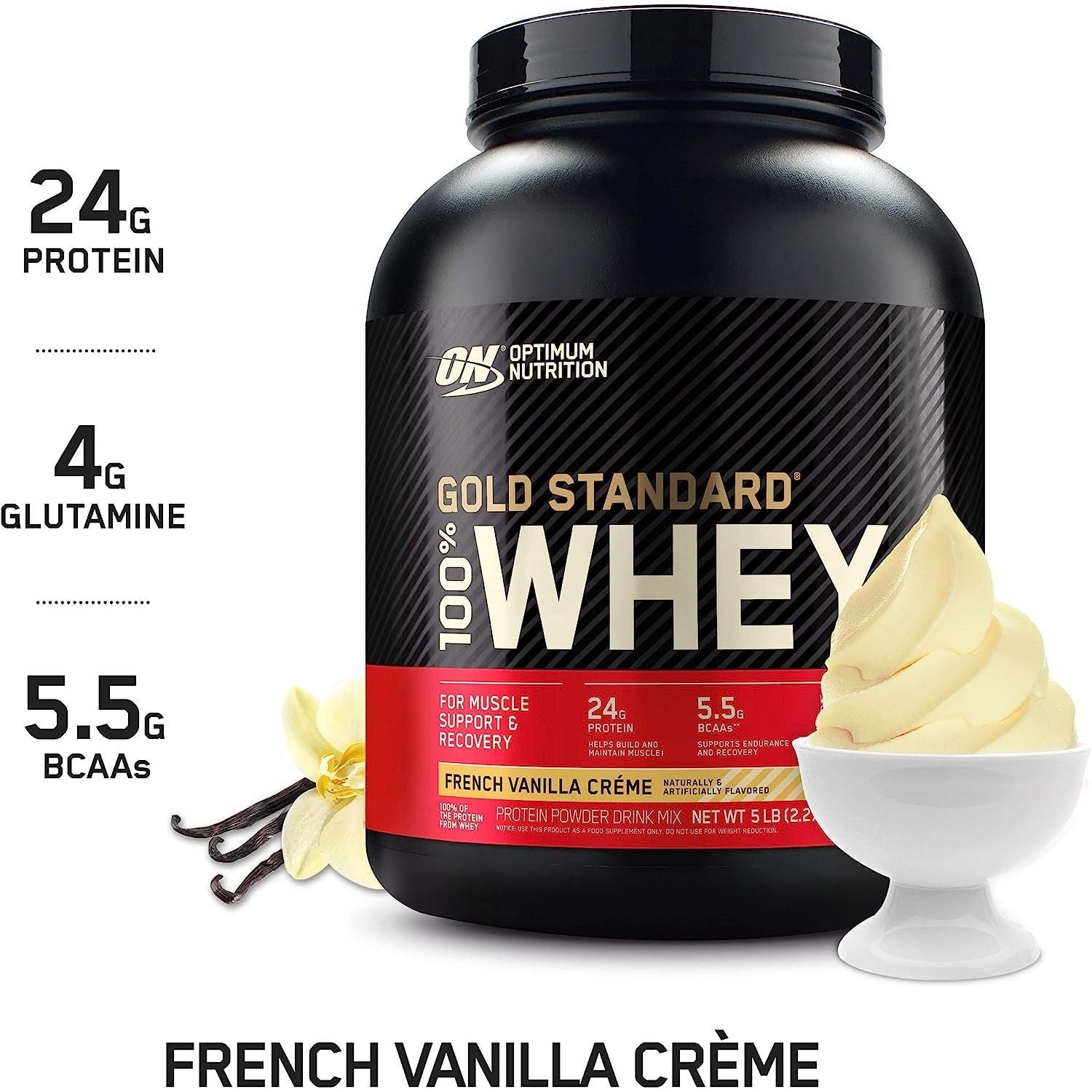 Gold Standard 100 Percent Whey Protein Powder, French Vanilla, 2.27Kg