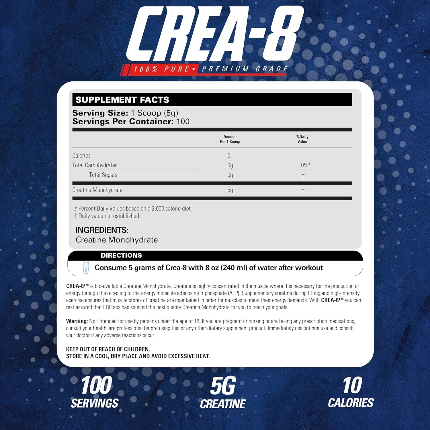 Ehplabs CREA-8 Creatine Monohydrate Powder - Creatine Powder for Building Lean Muscle Mass, Improves Strength & Power, Supports Brain Health - 100 Servings (500G)