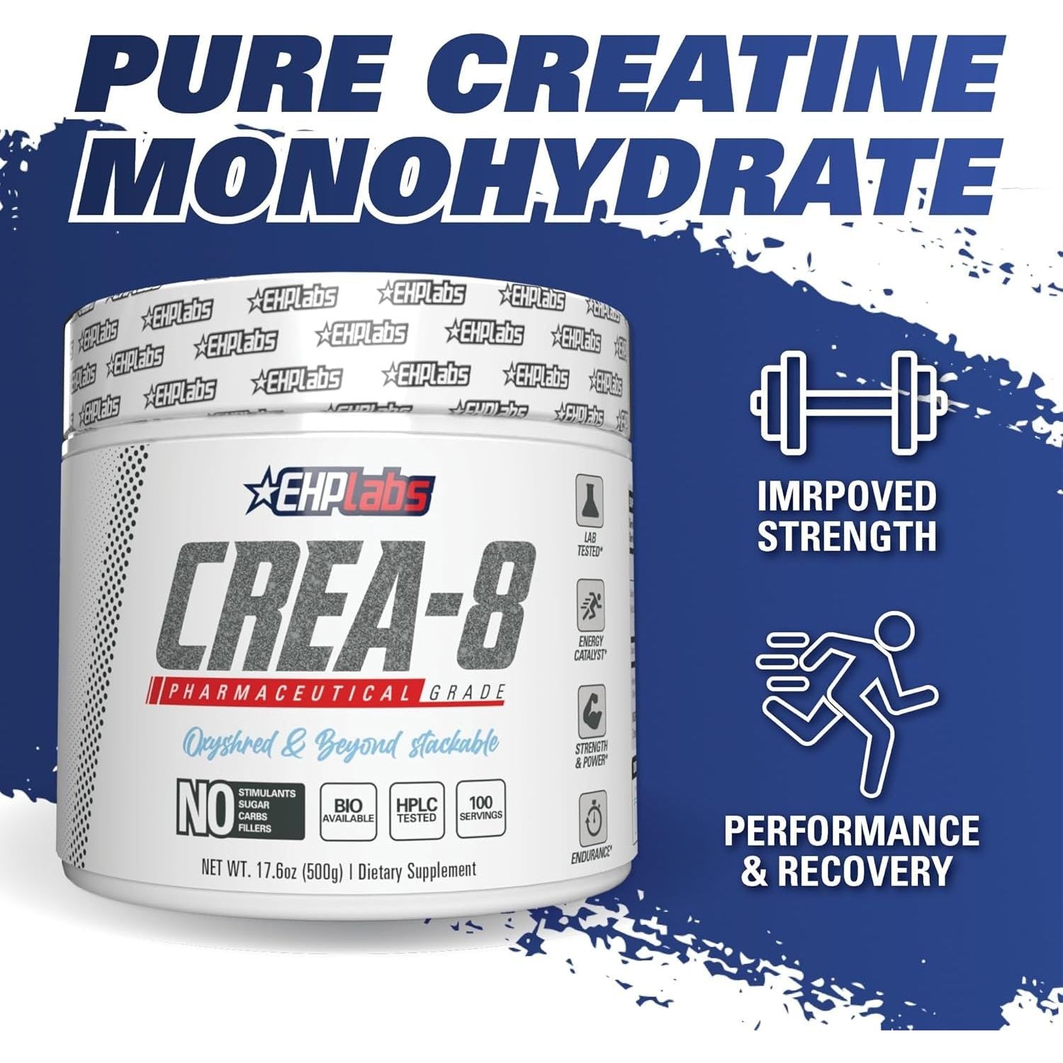 Ehplabs CREA-8 Creatine Monohydrate Powder - Creatine Powder for Building Lean Muscle Mass, Improves Strength & Power, Supports Brain Health - 100 Servings (500G)